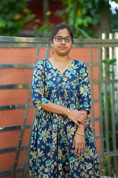 Dhanya -  Royal Blue Cotton Alia Cut Kurti Set