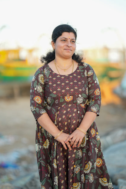 Medha - Brown Cotton Anarkali Set