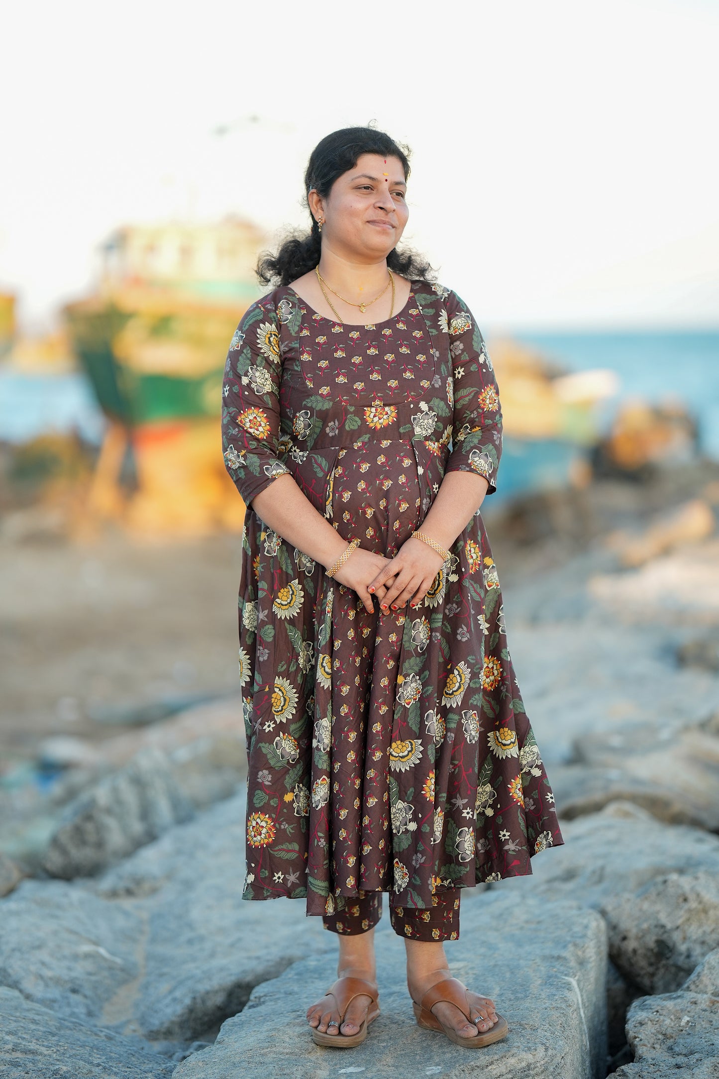 Medha - Brown Cotton Anarkali Set