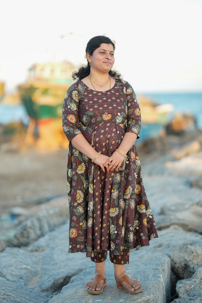 Medha - Brown Cotton Anarkali Set