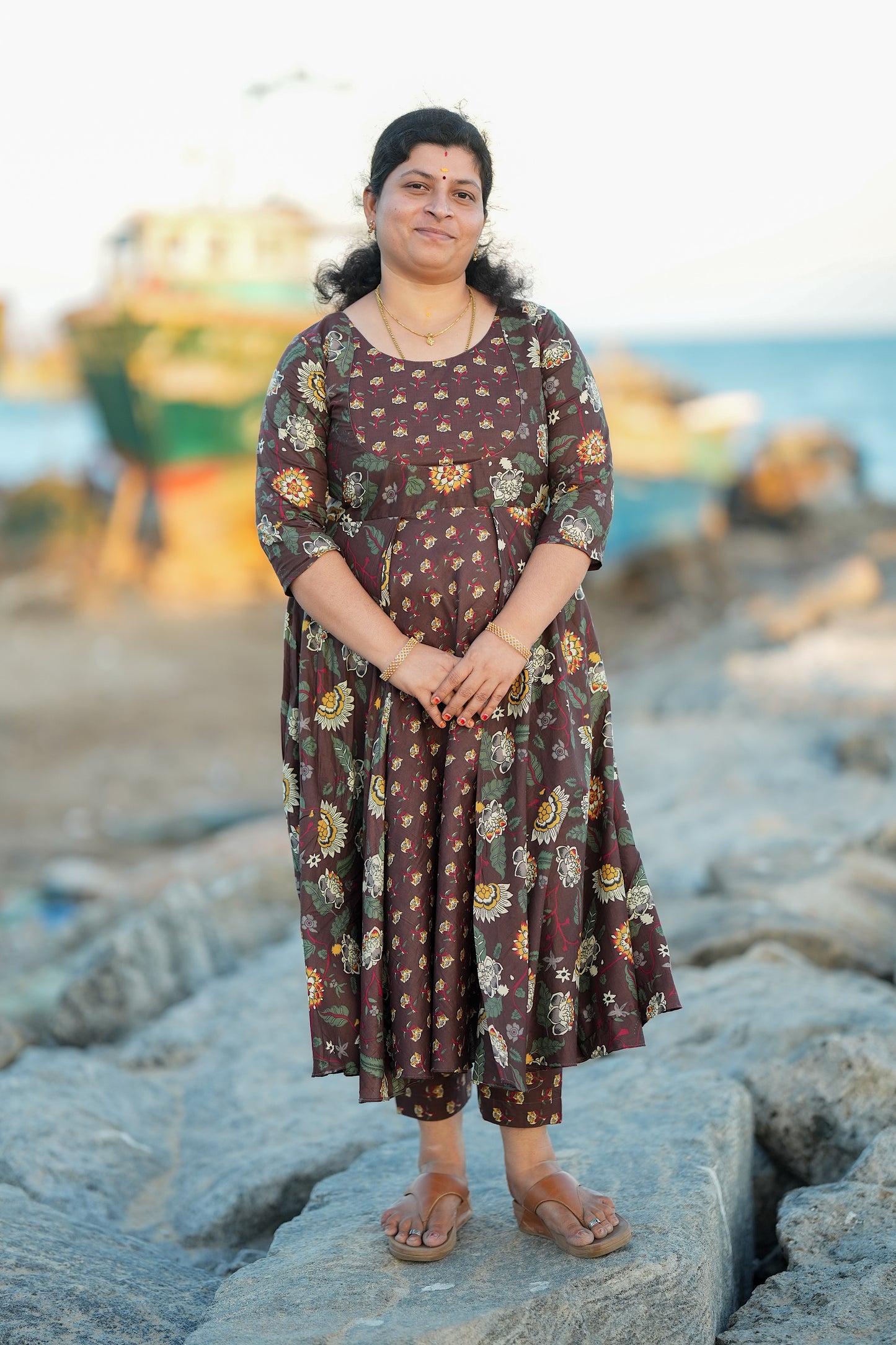 Medha - Brown Cotton Anarkali Set