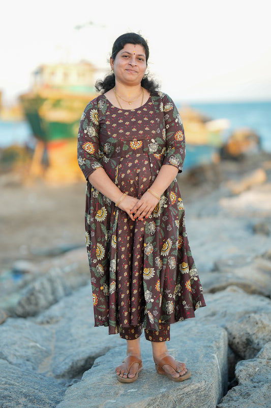 Medha - Brown Cotton Anarkali Set