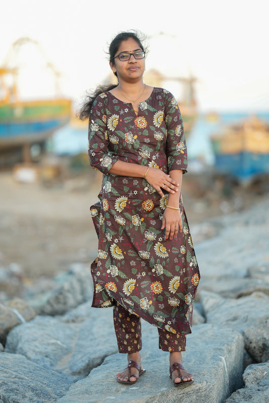 Medha - Brown Cotton Straight Cut Kurti Set