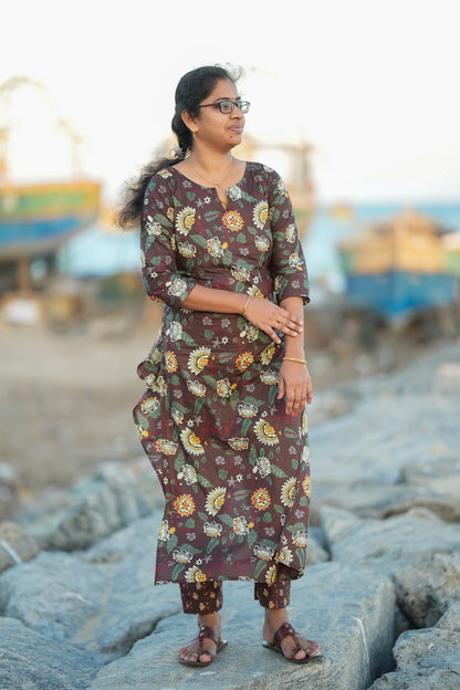 Medha - Brown Cotton Straight Cut Kurti Set