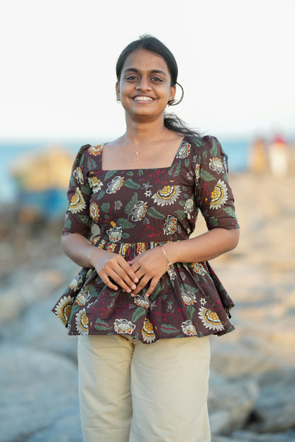 Medha - Brown Cotton Peplum Top