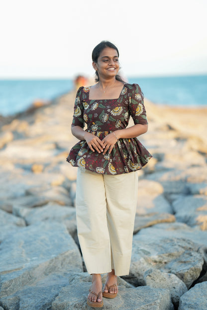 Medha - Brown Cotton Peplum Top