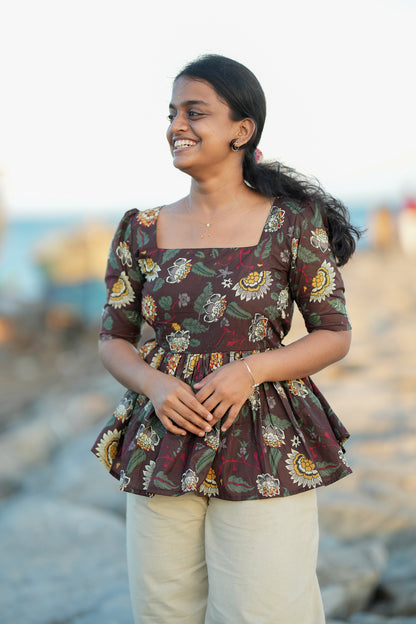 Medha - Brown Cotton Peplum Top