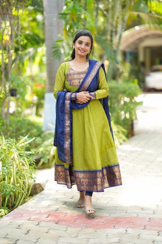 Vedhika - Green Cotton Anarkali 2 Pcs Set