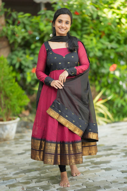 Chettinad cotton anarkali dress with gold zari border
