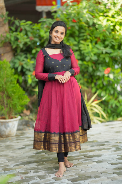 Elamathi red cotton anarkali suit set with black yoke and dupatta