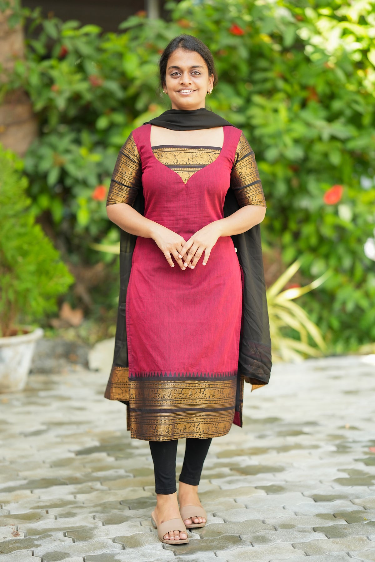 Red Chettinad cotton kurti set with dupatta featuring traditional gold zari borders with elephant motifs.