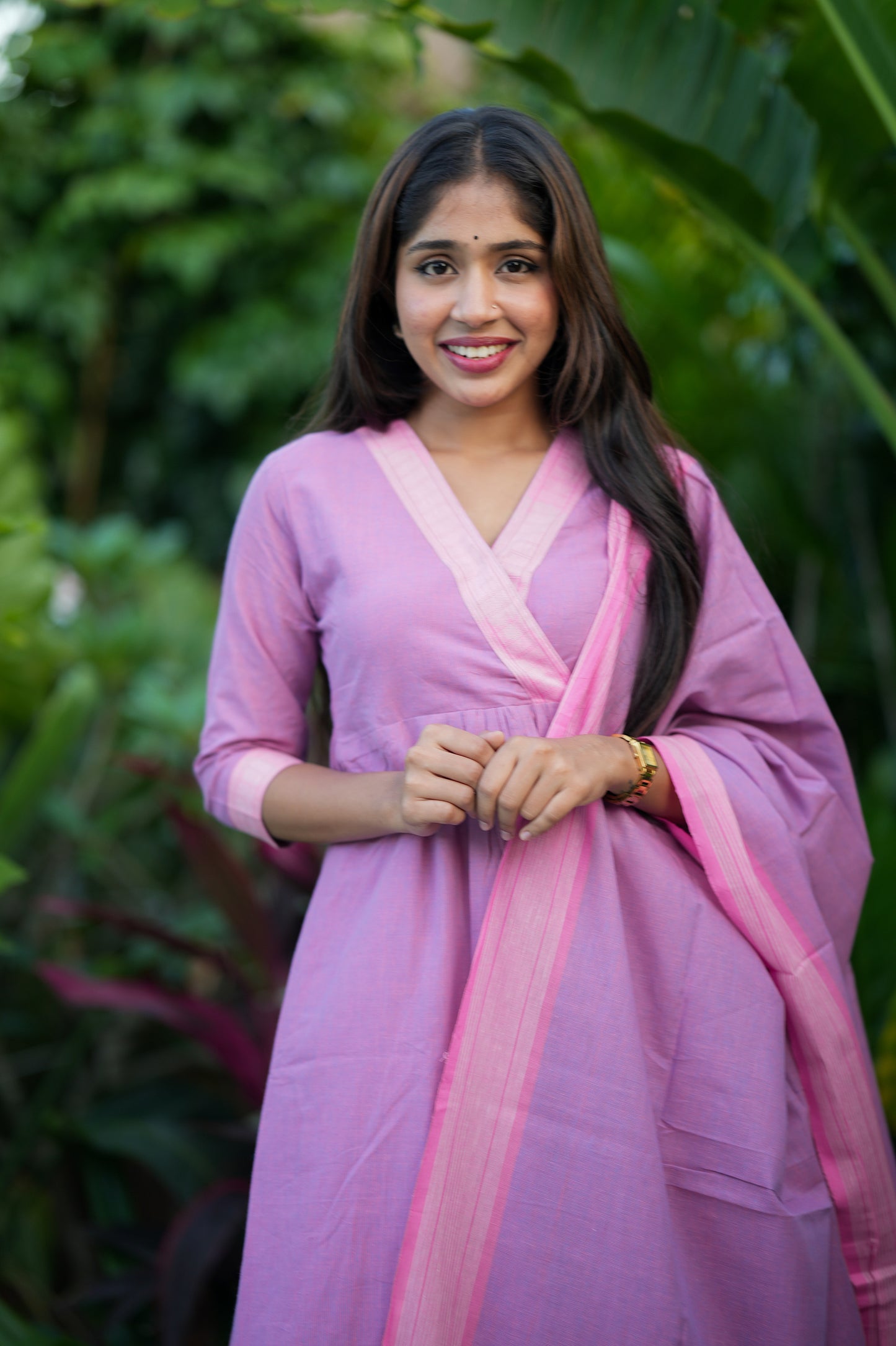 Front view of the Niara lilac cotton kurti set with dupatta showing the complete three-piece outfit.