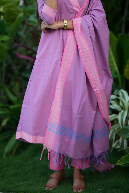 Lilac cotton dupatta with pink borders, blue stripe accents, and tassels.