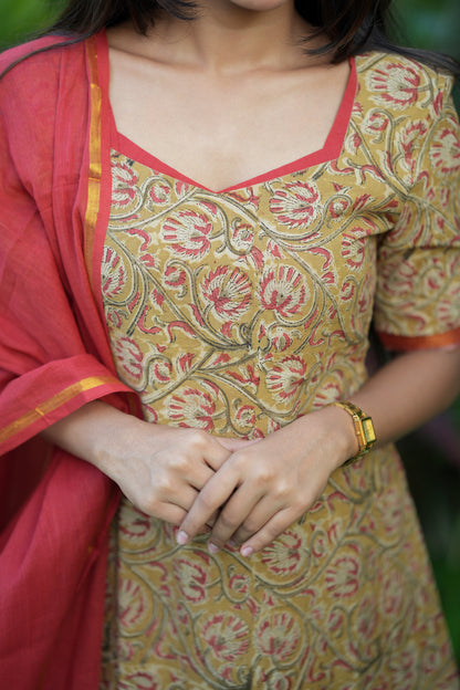 Anaya -  Soft Yellow 3 Pcs Cotton Aline Kurti Set