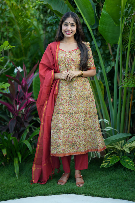 Anaya -  Soft Yellow 3 Pcs Cotton Aline Kurti Set