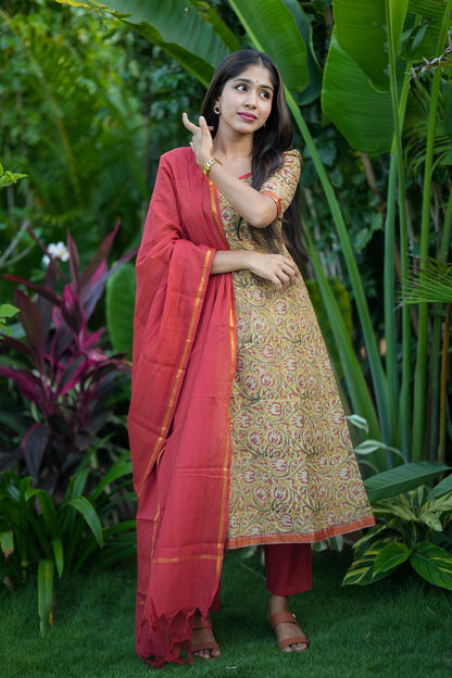 Anaya -  Soft Yellow 3 Pcs Cotton Aline Kurti Set