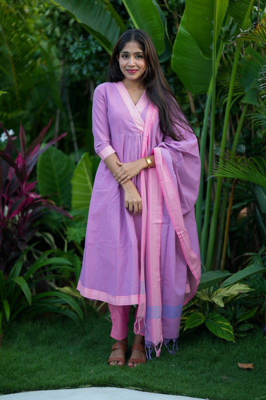 Lilac cotton kurti set with dupatta featuring a crossover V-neckline and matching straight pants.