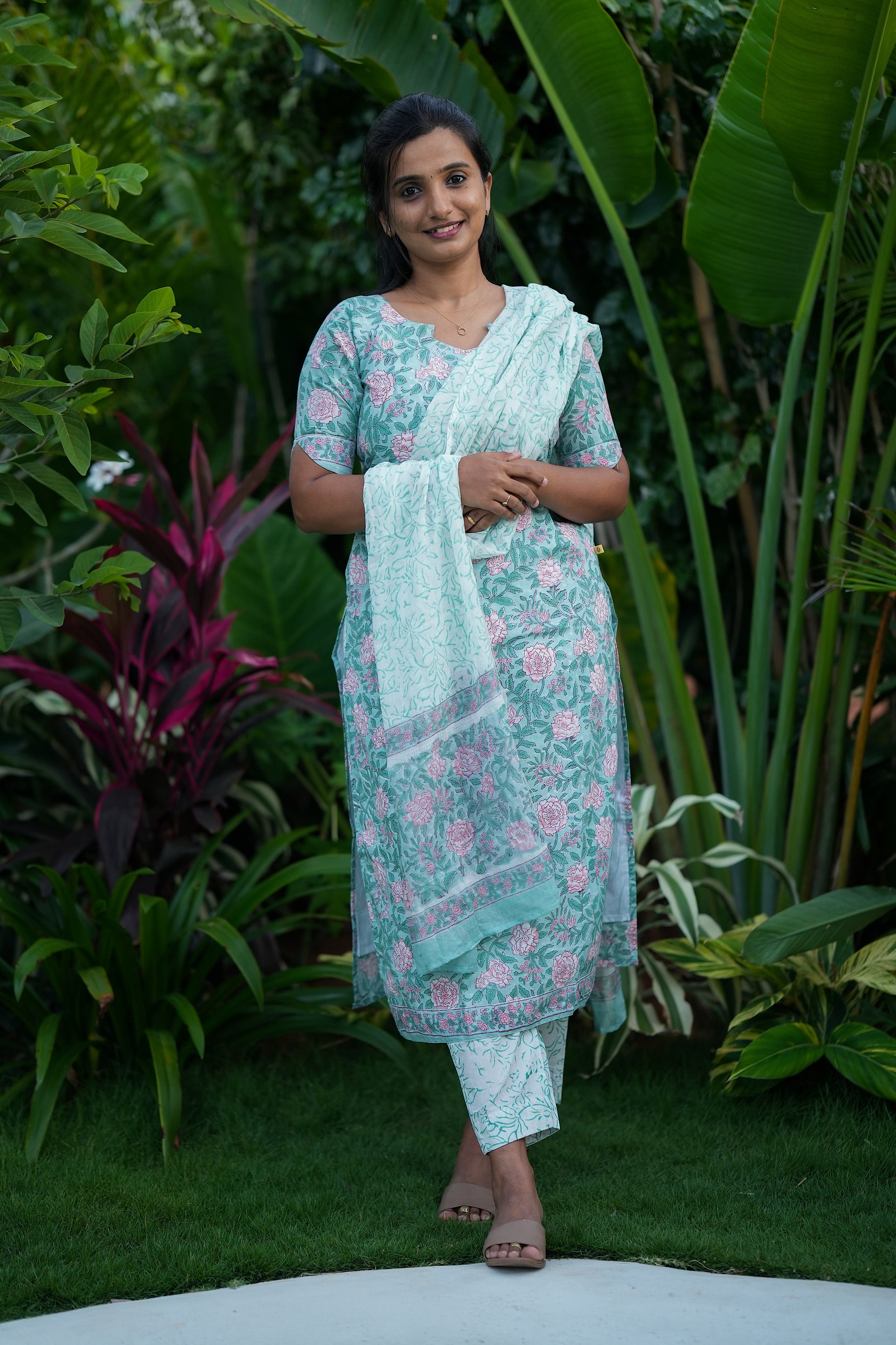 Close-up of pastel floral printed cotton kurti and dupatta
