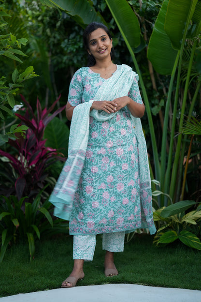 Women's printed cotton kurti set in pastel mint green with straight pants