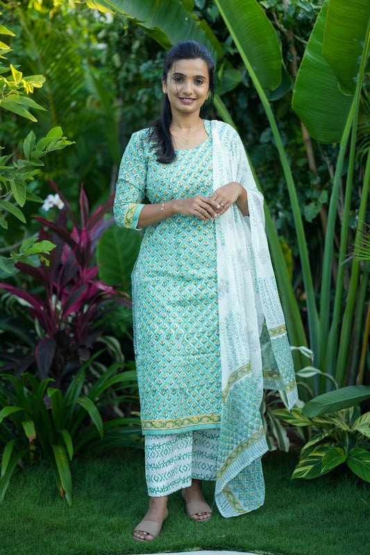Akila - Mint Green Cotton Straight Cut Kurti Set