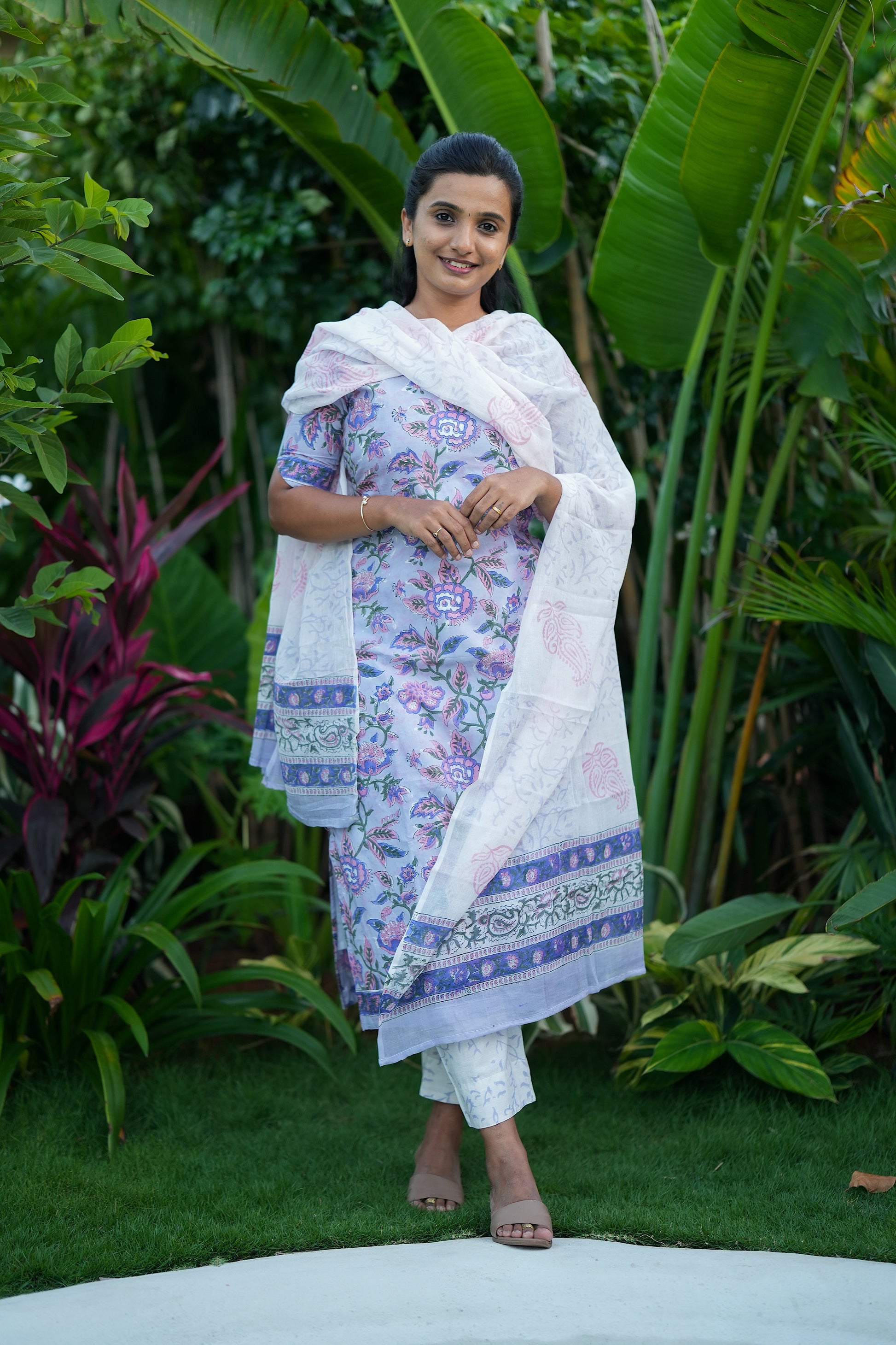 Full view of the lavender printed cotton kurti set, showcasing the floral pattern and matching dupatta.