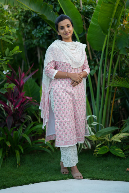 Akila - Pale Pink Cotton Straight Cut Kurti Set