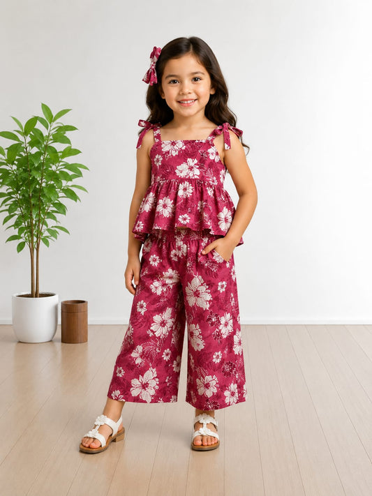 Kamali - Pink Floral Kids Peplum Night Suit