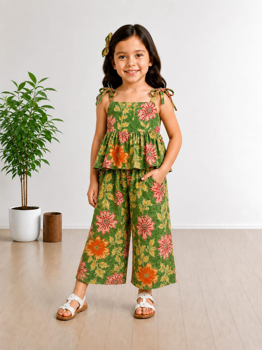 Kamali - Green Floral Kids Peplum Night Suit