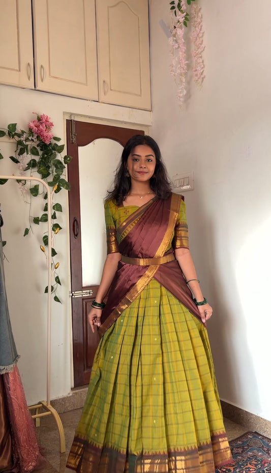 Tea green anarkali dress with maroon dupatta draped in a half-saree style, highlighting the multiwear option