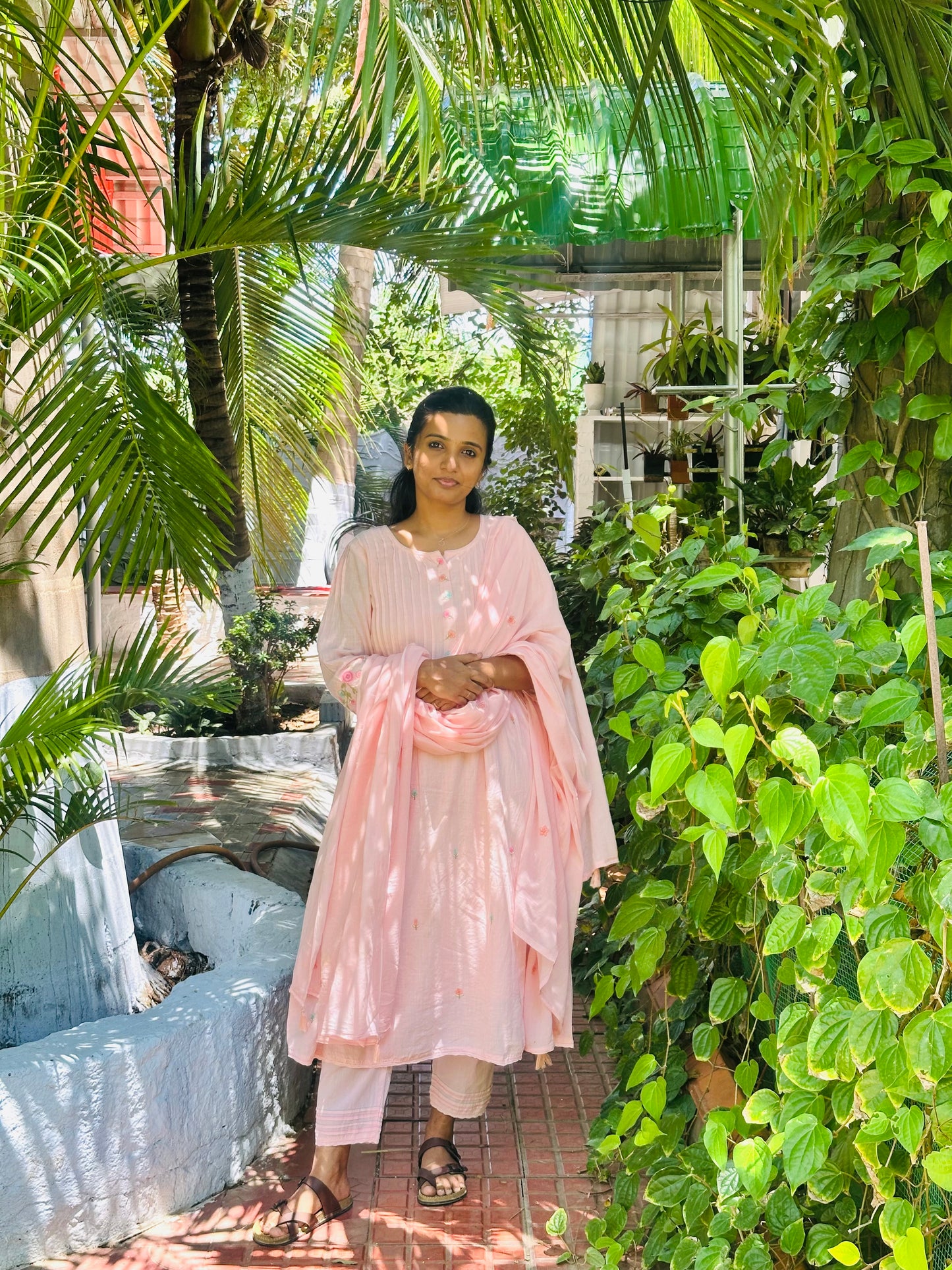 Nikitha pastel pink cotton kurti set with dupatta featuring delicate floral embroidery and straight pants.