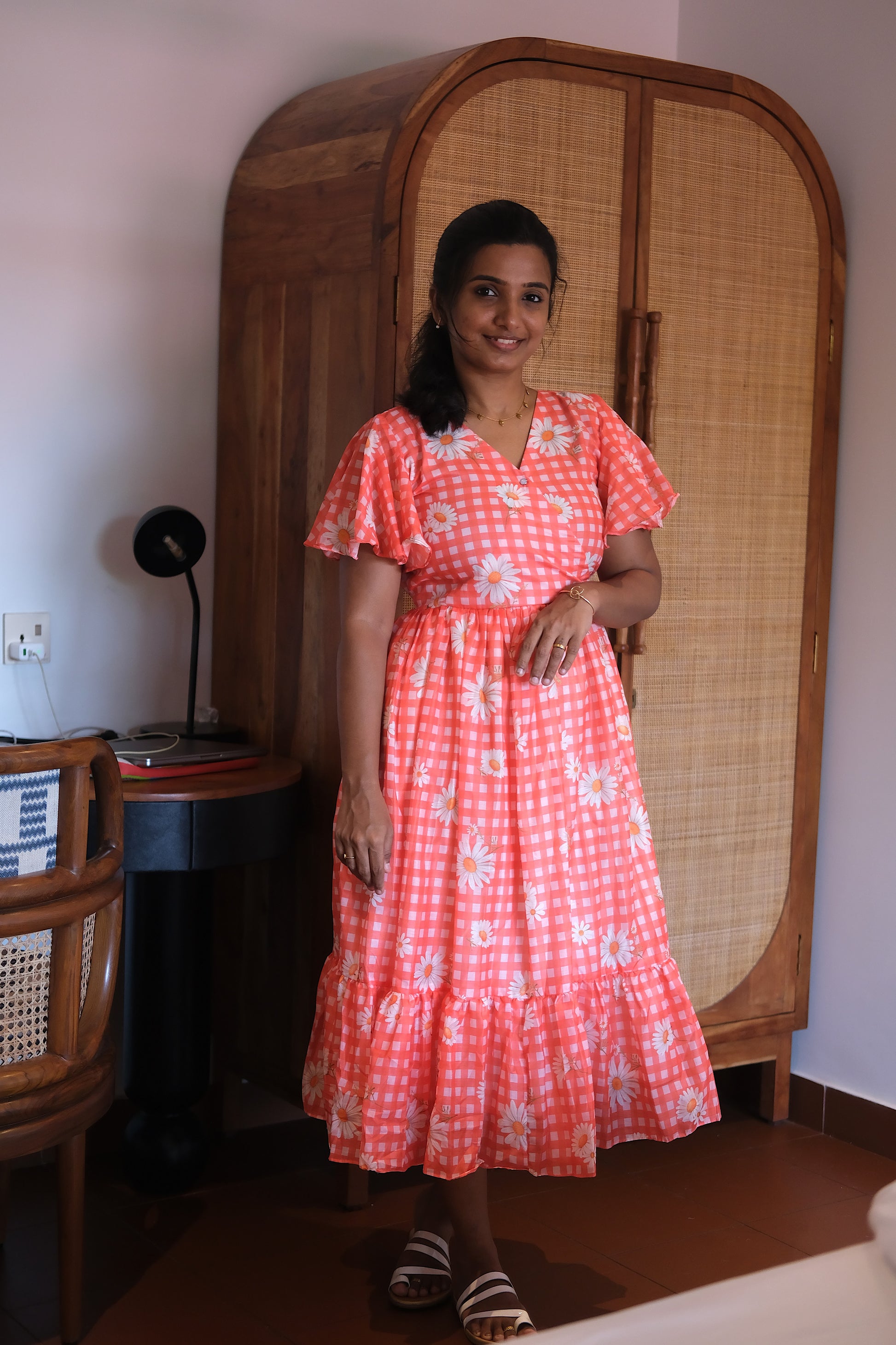 cotton midi dress for women - Coral gingham cotton midi dress with white daisy floral print and flutter sleeves.