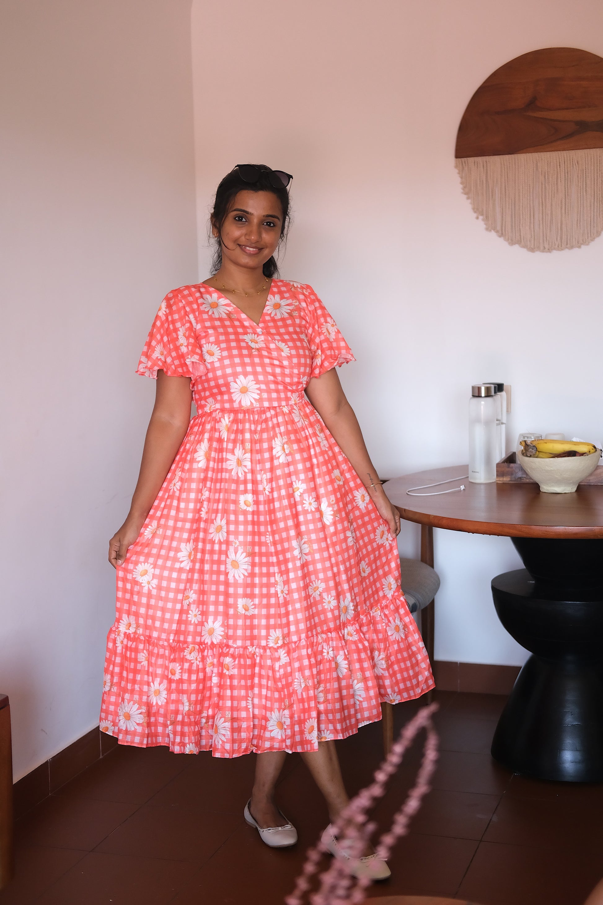 Tiered coral cotton midi dress for women with a wrap V-neck and gathered waist.