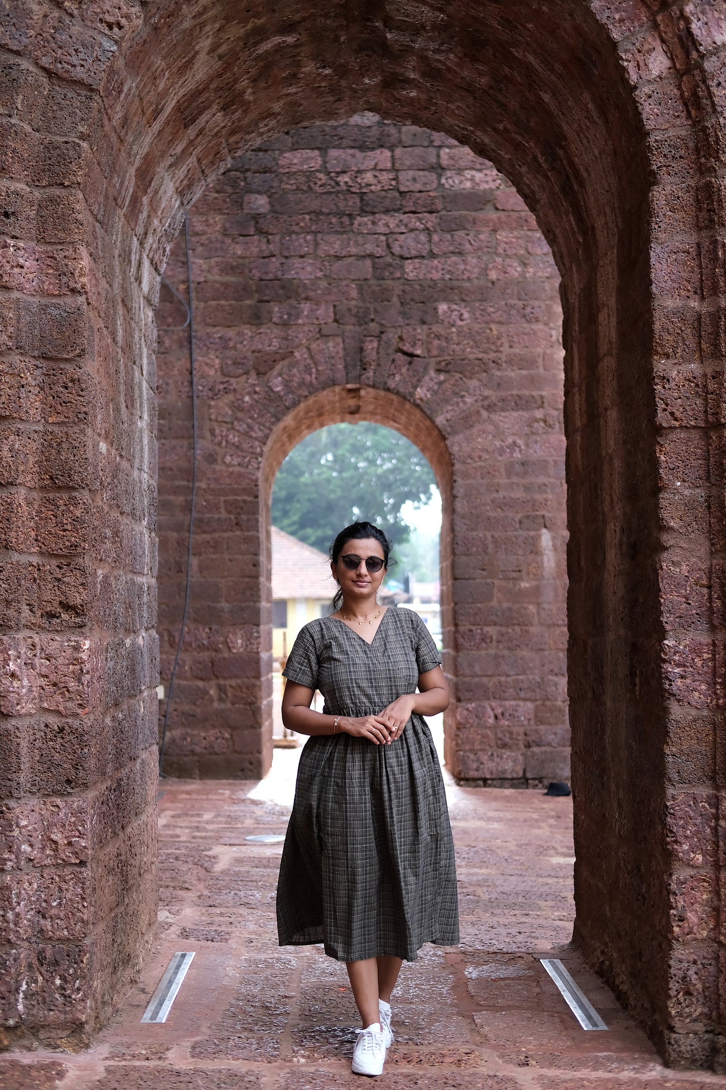A-line handloom cotton dress in black checks with short sleeves and V-neck