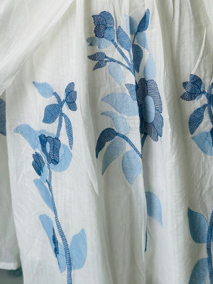 Detailed view of the blue floral machine embroidery on the white mul cotton fabric