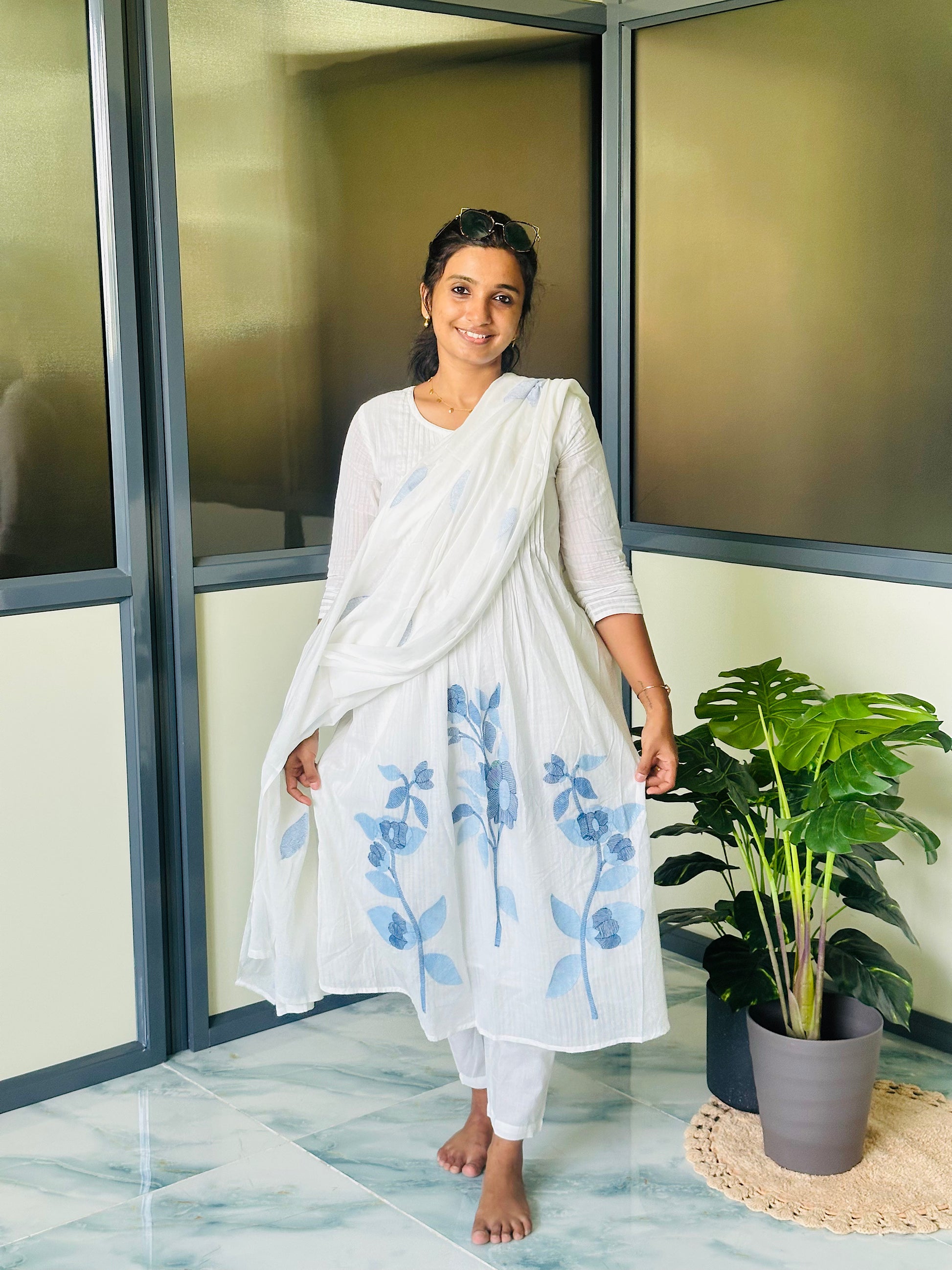 cotton kurti set with dupatta - White cotton suit set with blue floral embroidery on the flared A-line skirt and matching pants