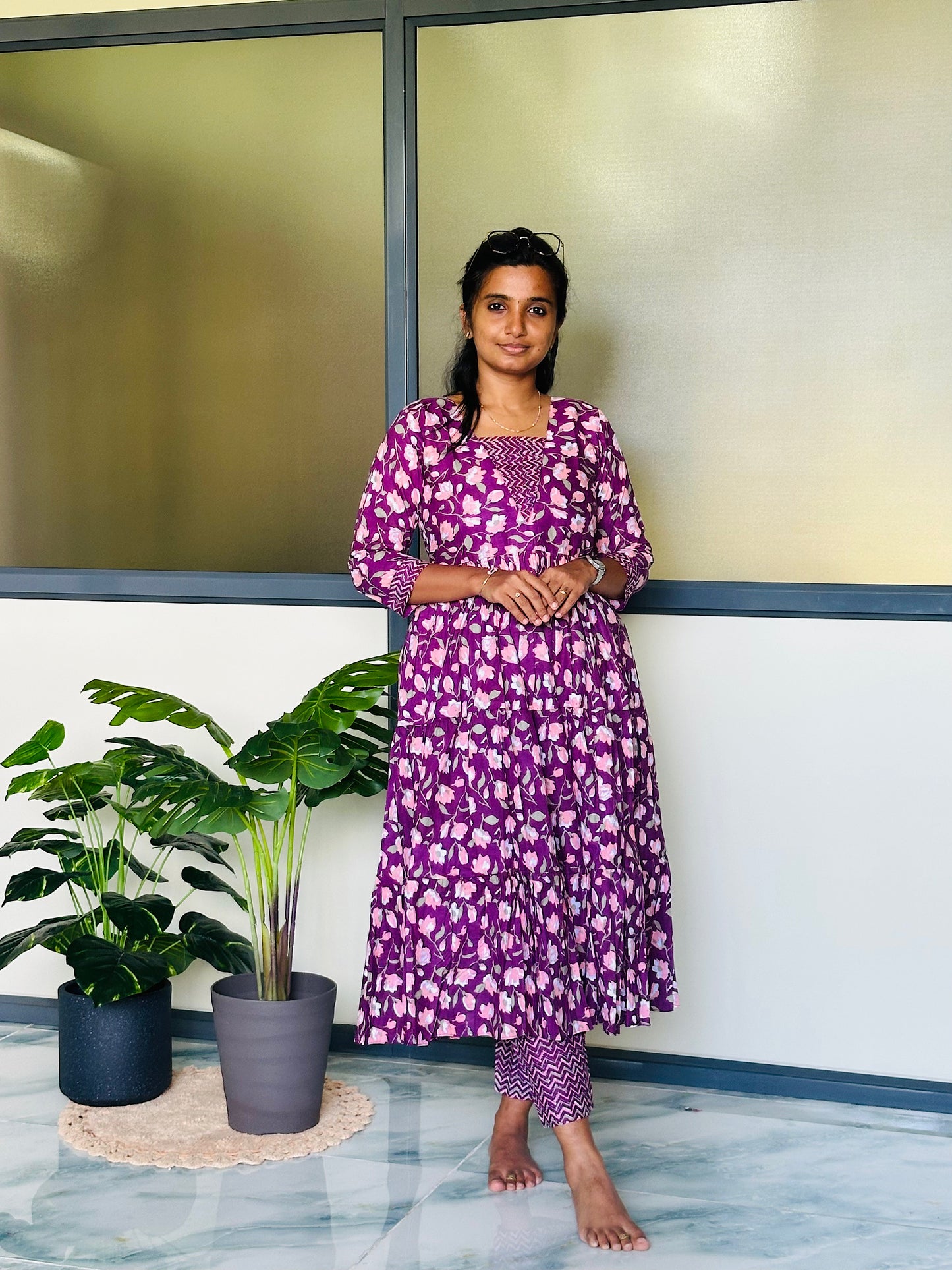 Kani - Plum Floral Tiered Anarkali Co-ord Set