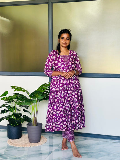 Kani - Plum Floral Tiered Anarkali Co-ord Set