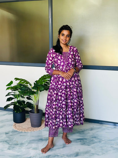 Kani - Plum Floral Tiered Anarkali Co-ord Set