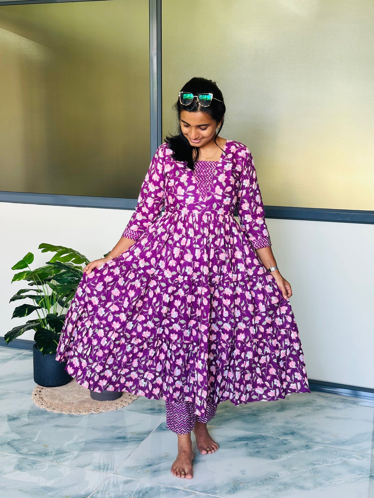Kani - Plum Floral Tiered Anarkali Co-ord Set