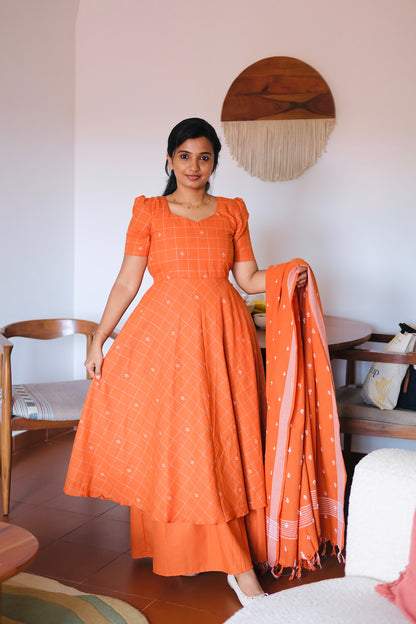 Pleated Up Pranika multiwear dress showing the patterned midi layered over the solid maxi skirt with dupatta.