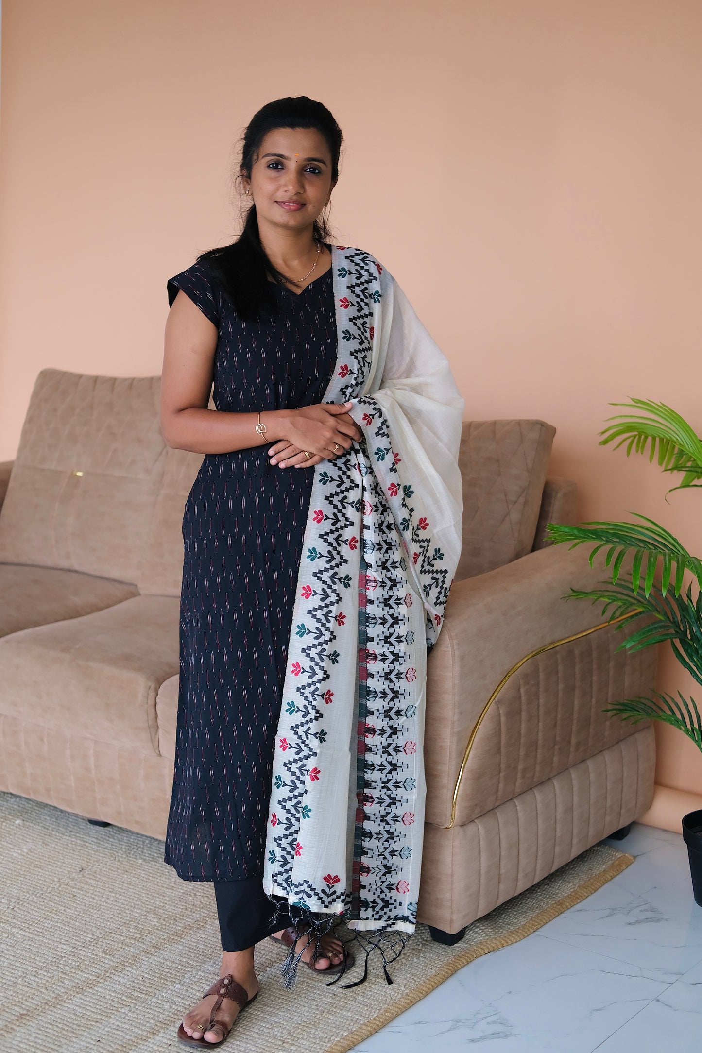 Vibha black ikat kurti set with dupatta styled for casual everyday wear