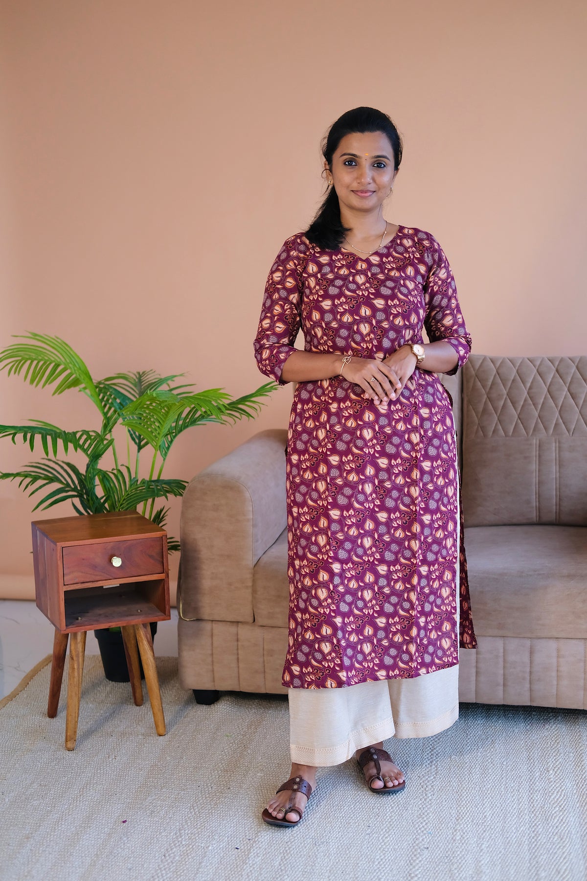 Plum printed cotton straight cut kurti with leaf motifs and 3/4 sleeves