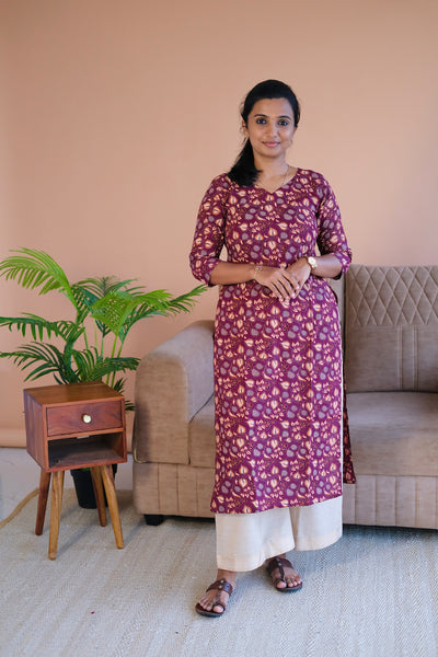 Plum printed cotton straight cut kurti with leaf motifs and 3/4 sleeves