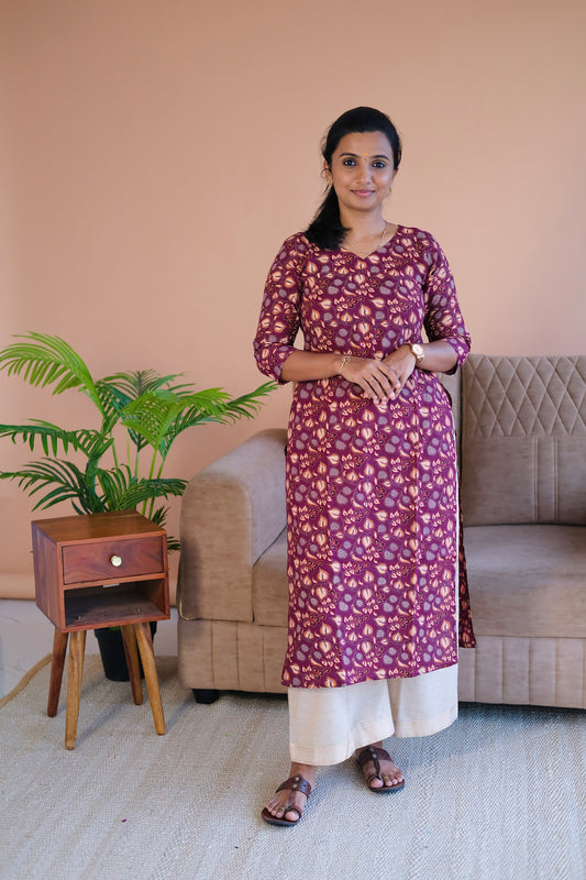 Plum printed cotton straight cut kurti with leaf motifs and 3/4 sleeves