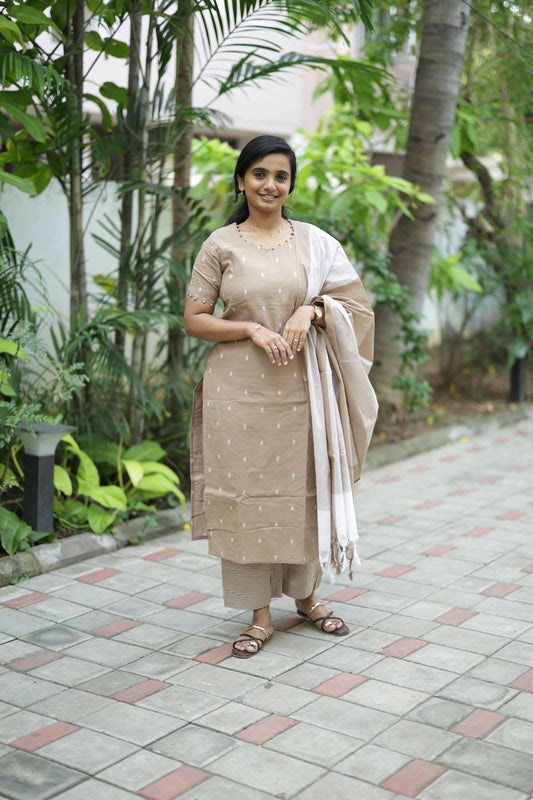 Anjali - Light Brown 3pcs Handloom Cotton Salwar Set