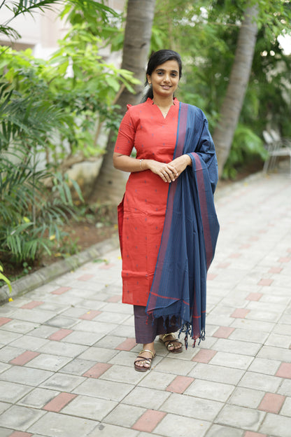 Swarna - Red 3pcs Handloom Cotton Salwar Set