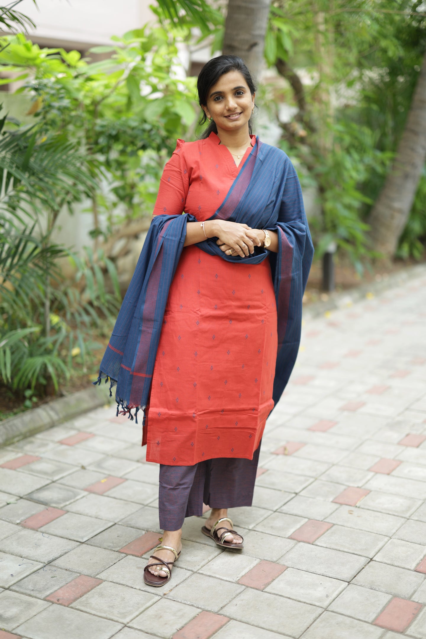 Swarna - Red 3pcs Handloom Cotton Salwar Set