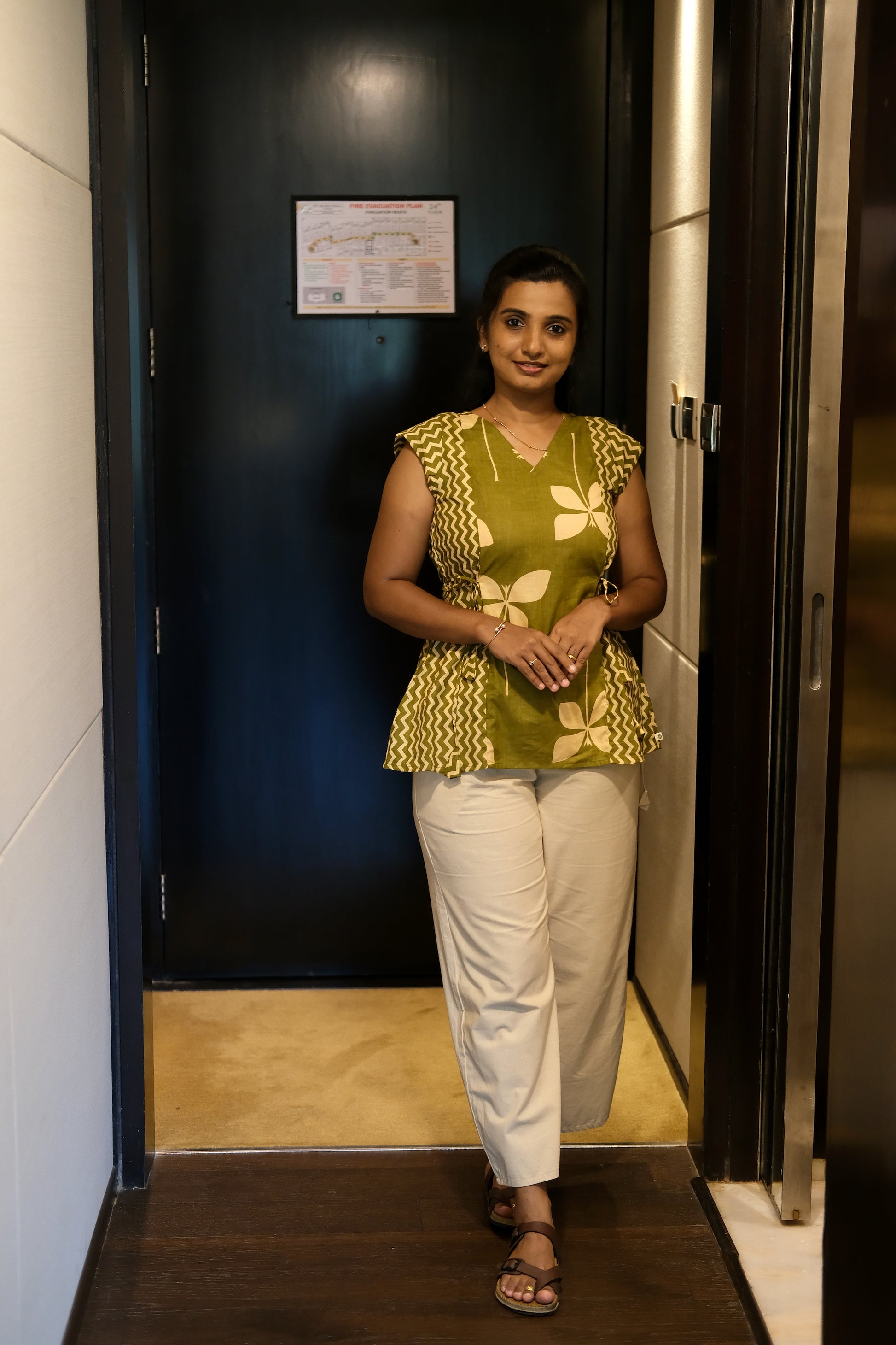 Olive green cotton short top for women with dual prints and tie-up waist
