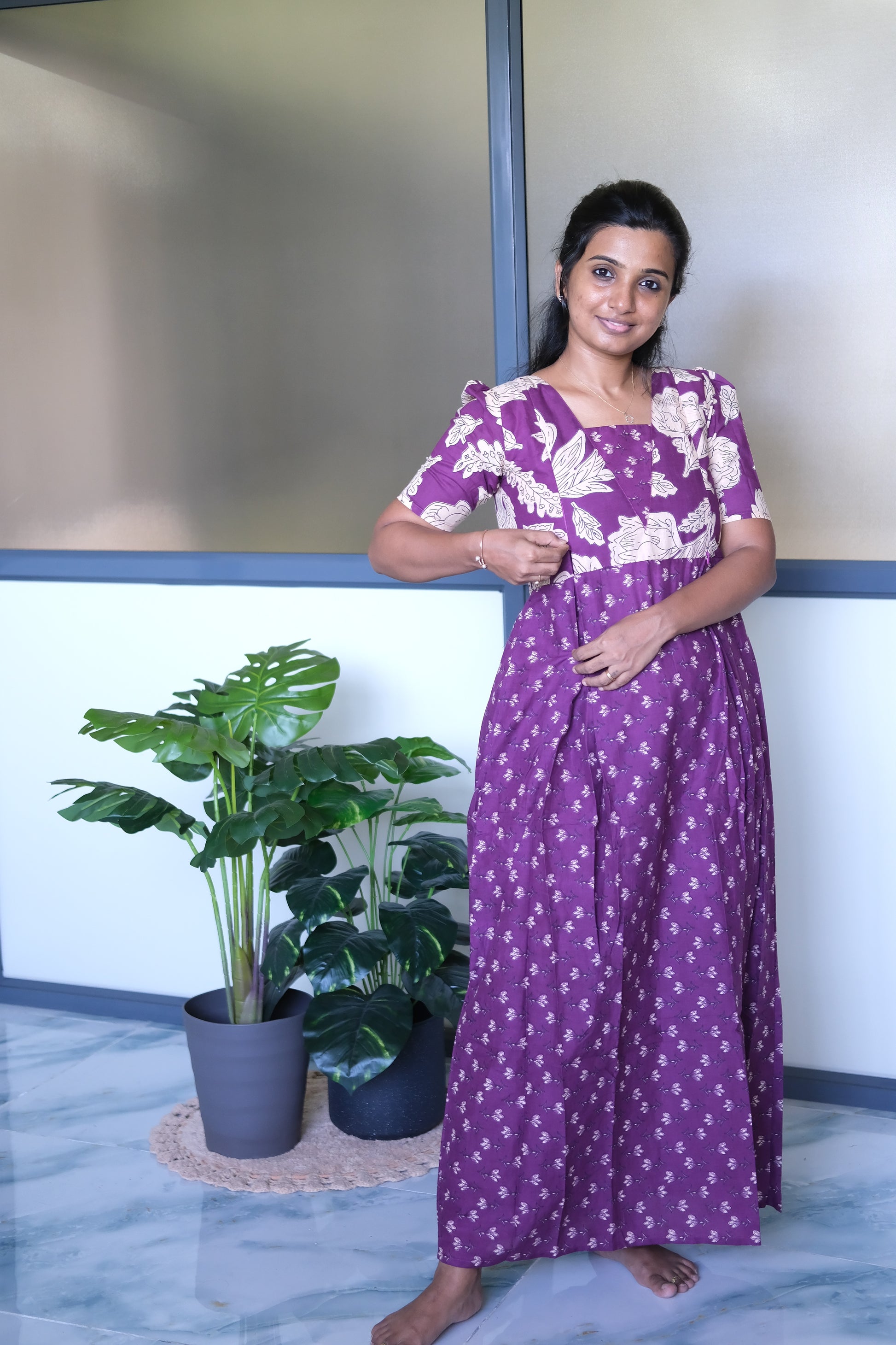 Purple cotton maxi nighty featuring a hidden side zipper closure designed for easy feeding.