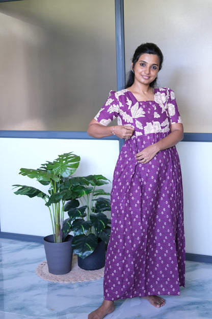 Purple cotton maxi nighty featuring a hidden side zipper closure designed for easy feeding.